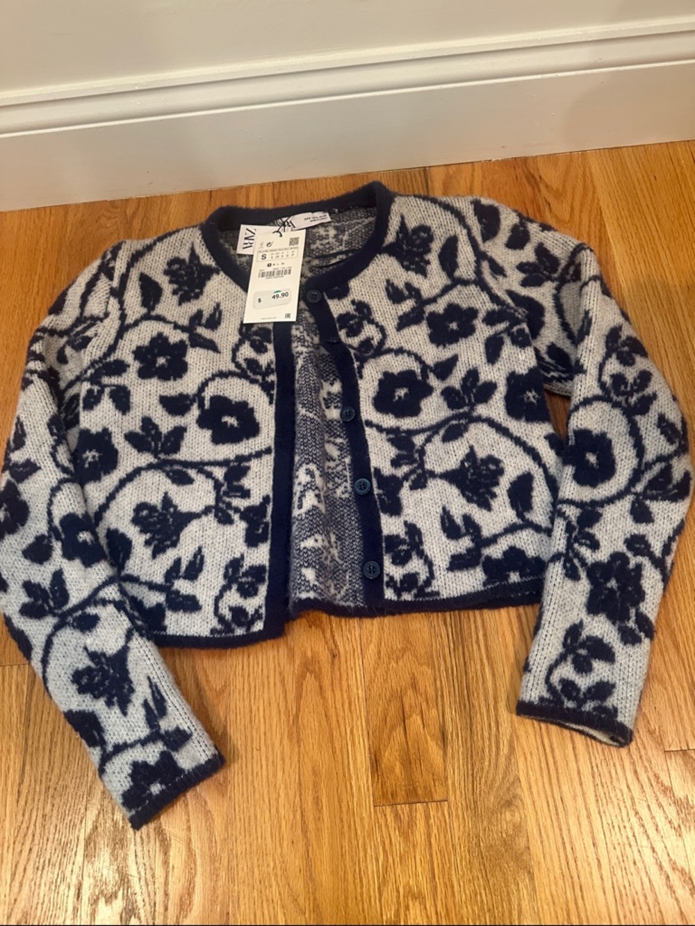 Zara Navy & light gray Floral Knit Cardigan